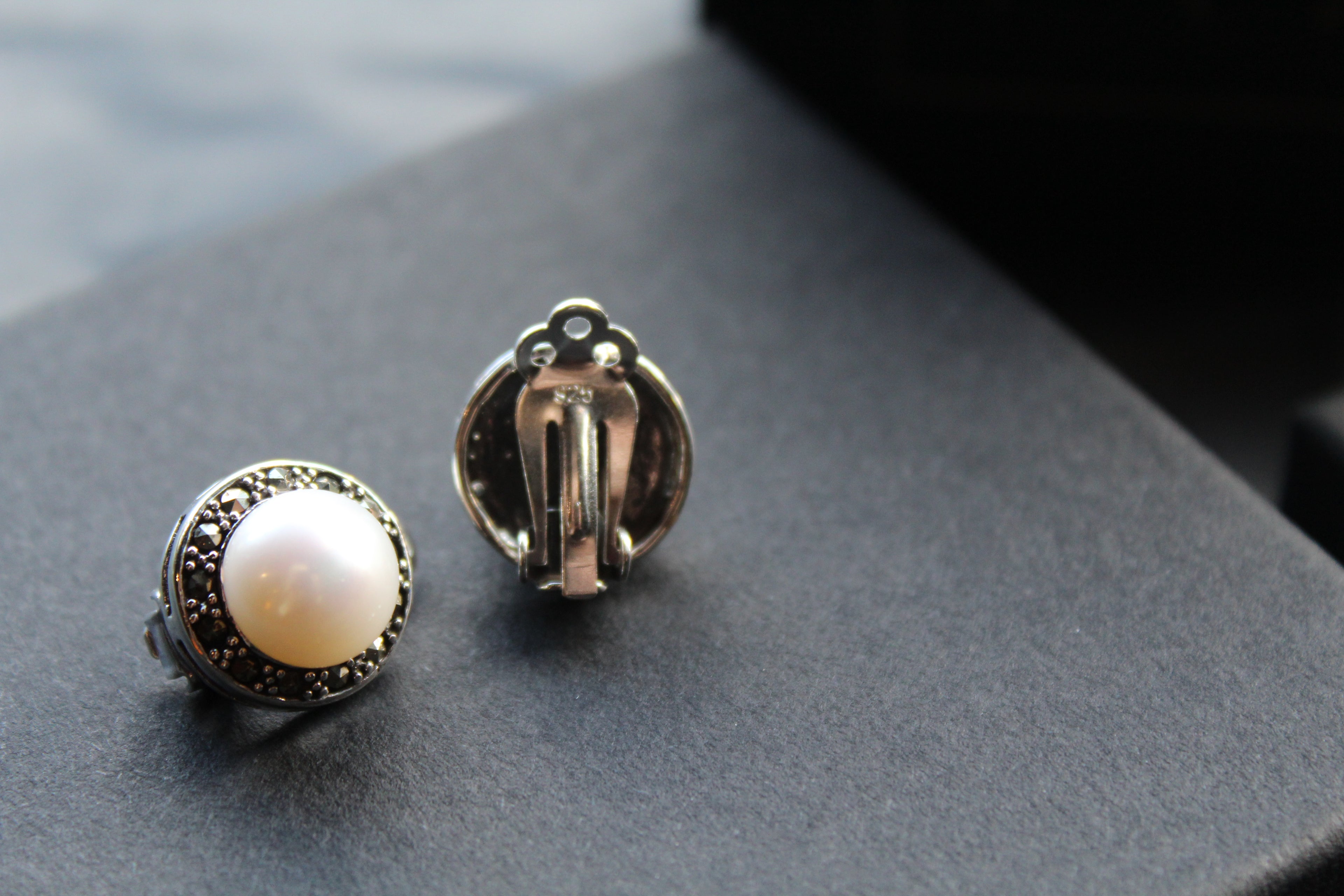 Marcasite Clip On Pearl Studs