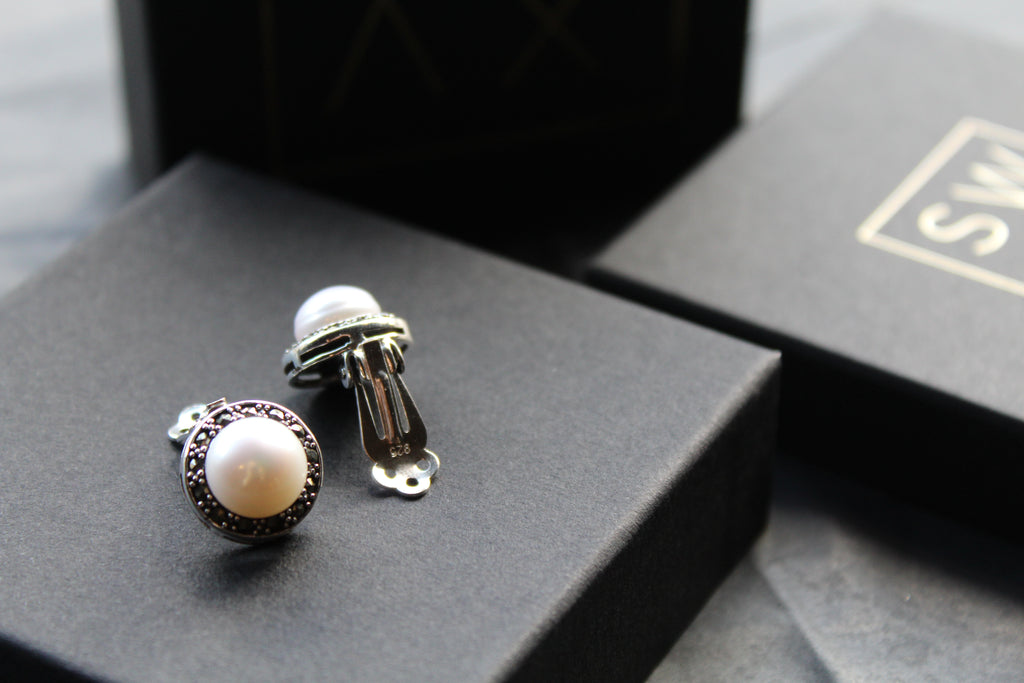 Marcasite Clip On Pearl Studs