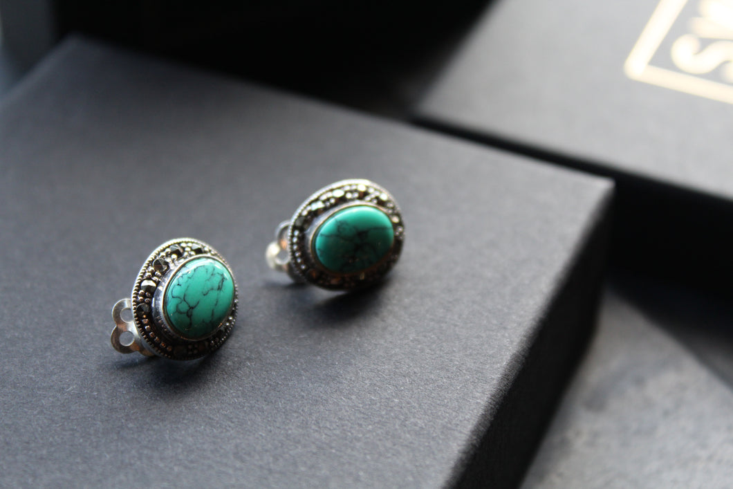 Marcasite Clip On Turquoise Studs