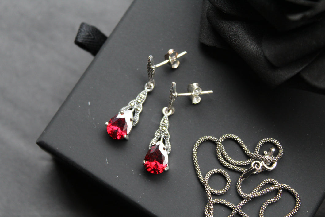 Garnet CZ and Marcasite Drop Earring