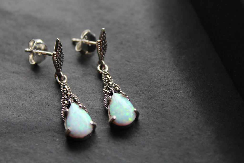 Marcasite and Lab Grown Opalite Drop Earrings