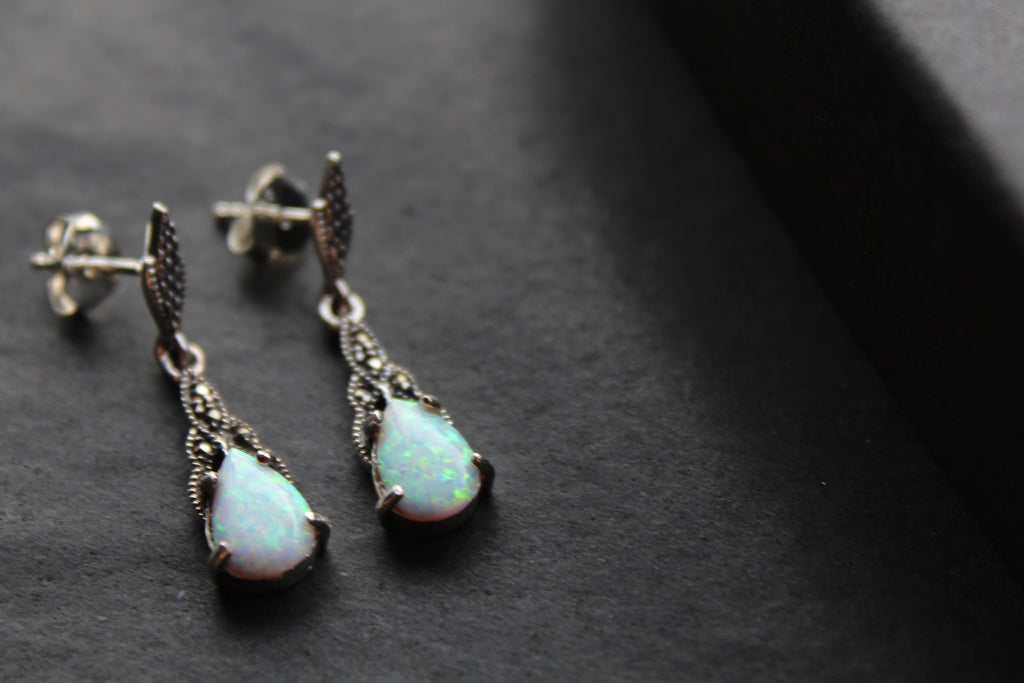 Marcasite and Lab Grown Opalite Drop Earrings