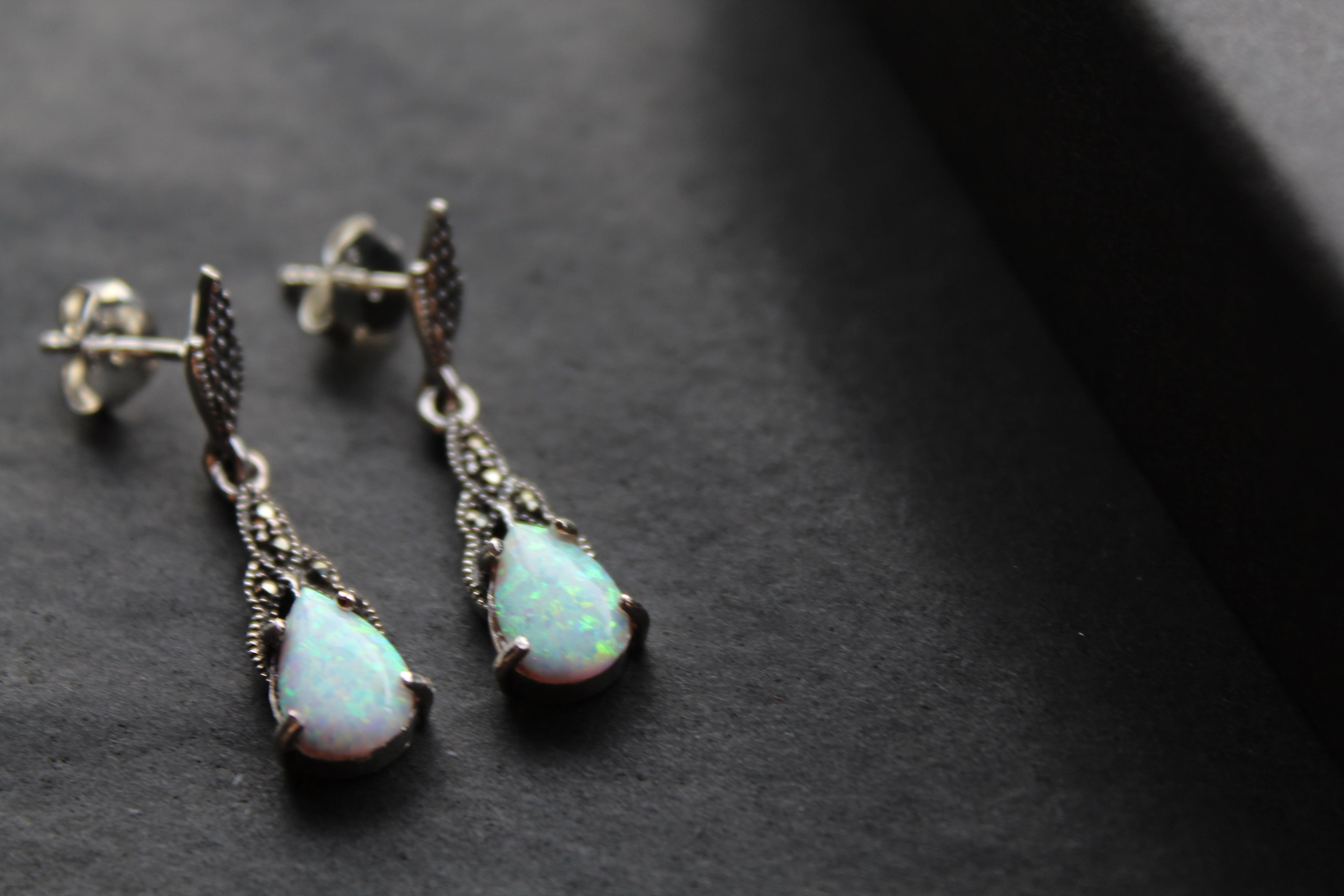 Marcasite and Lab Grown Opalite Drop Earrings