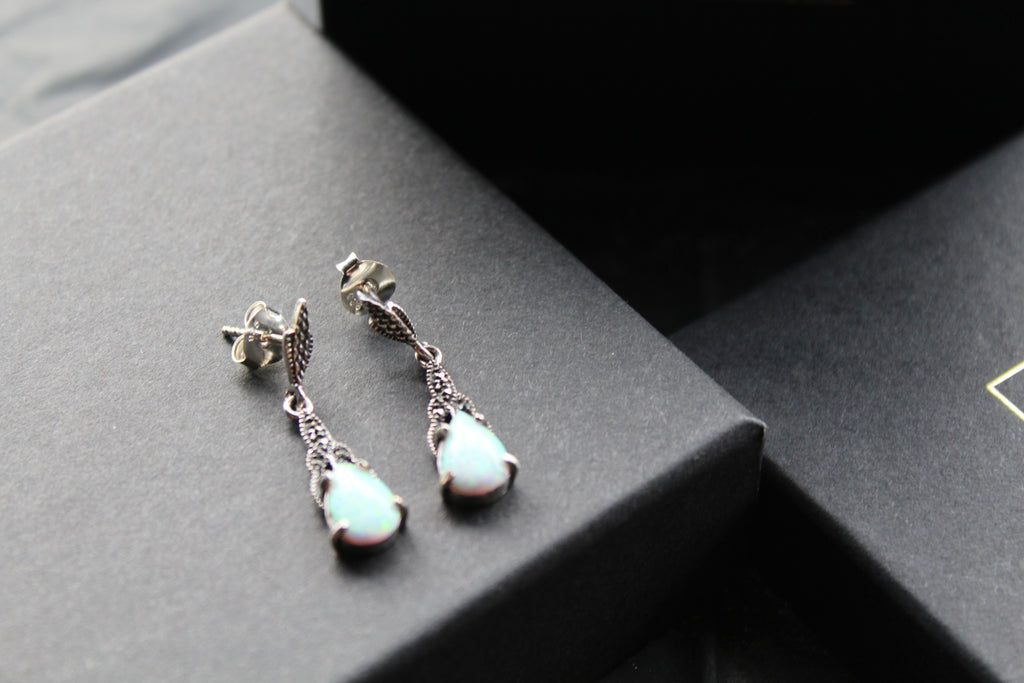 Marcasite and Lab Grown Opalite Drop Earrings