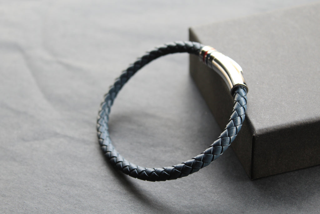 Navy Leather Bracelet Polished Steel Element with Red/Blue Detail
