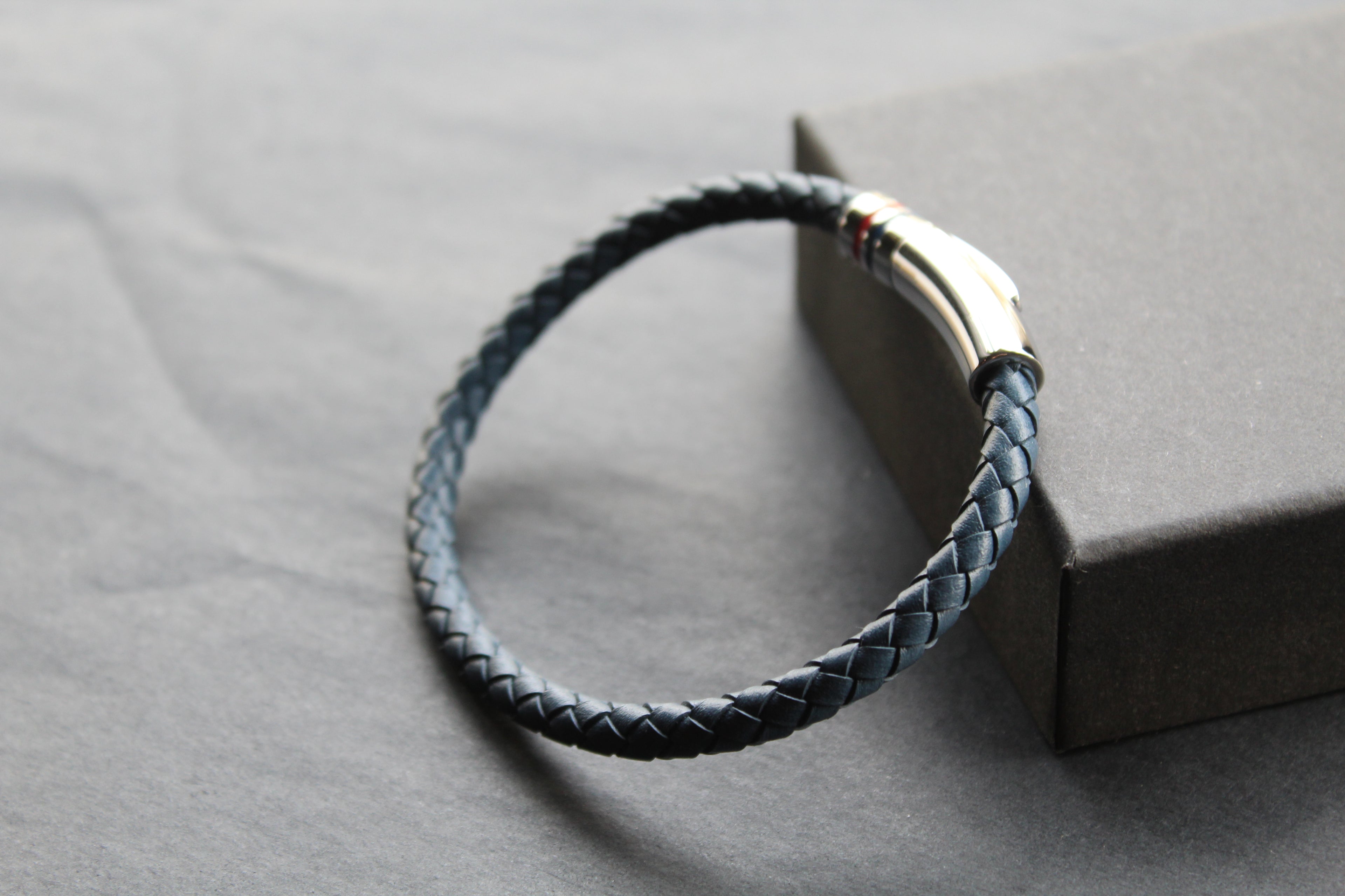 Navy Leather Bracelet Polished Steel Element with Red/Blue Detail