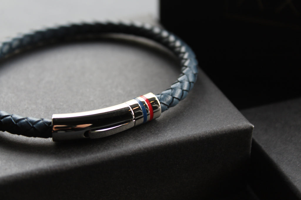 Navy Leather Bracelet Polished Steel Element with Red/Blue Detail