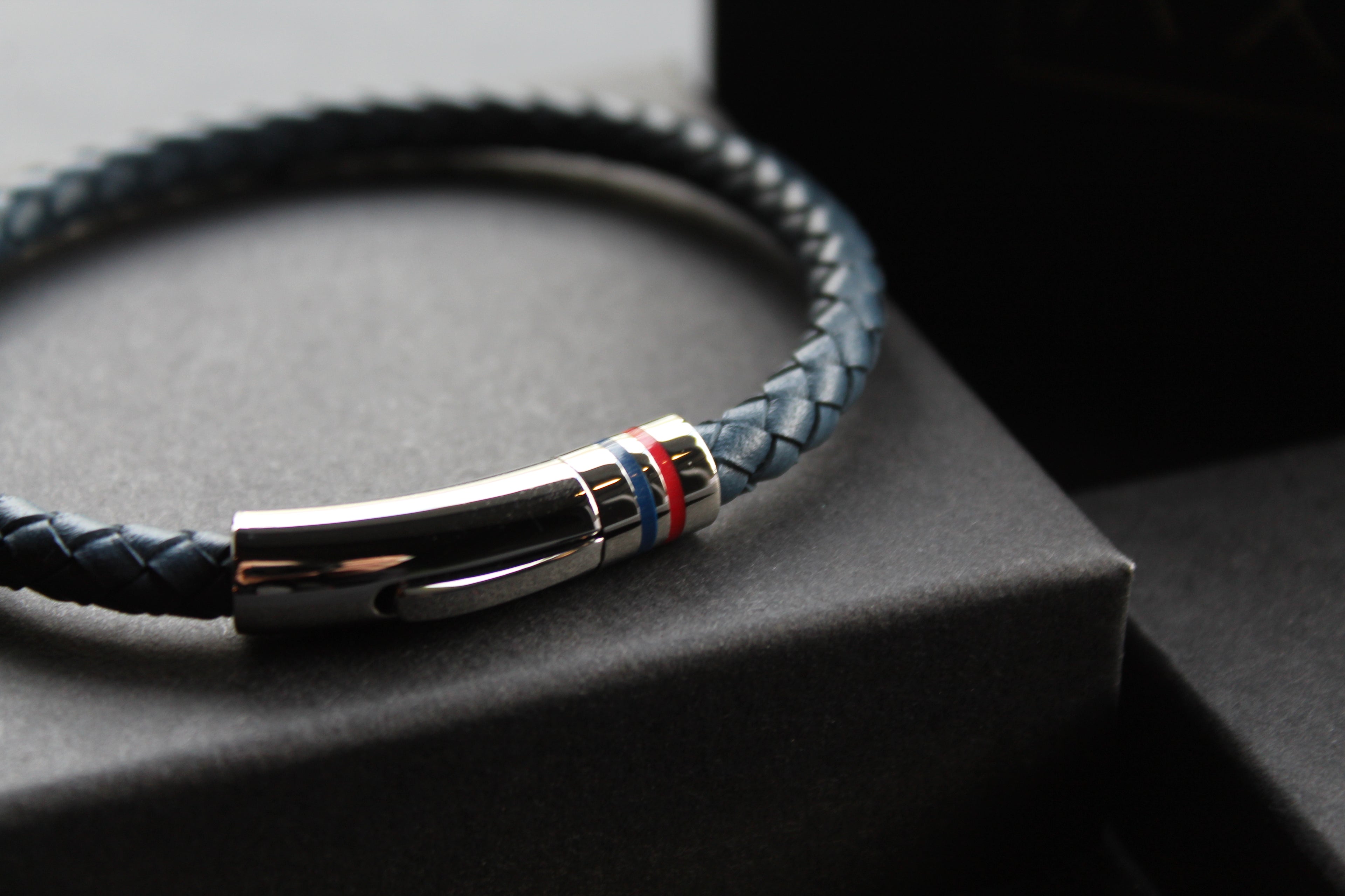 Navy Leather Bracelet Polished Steel Element with Red/Blue Detail
