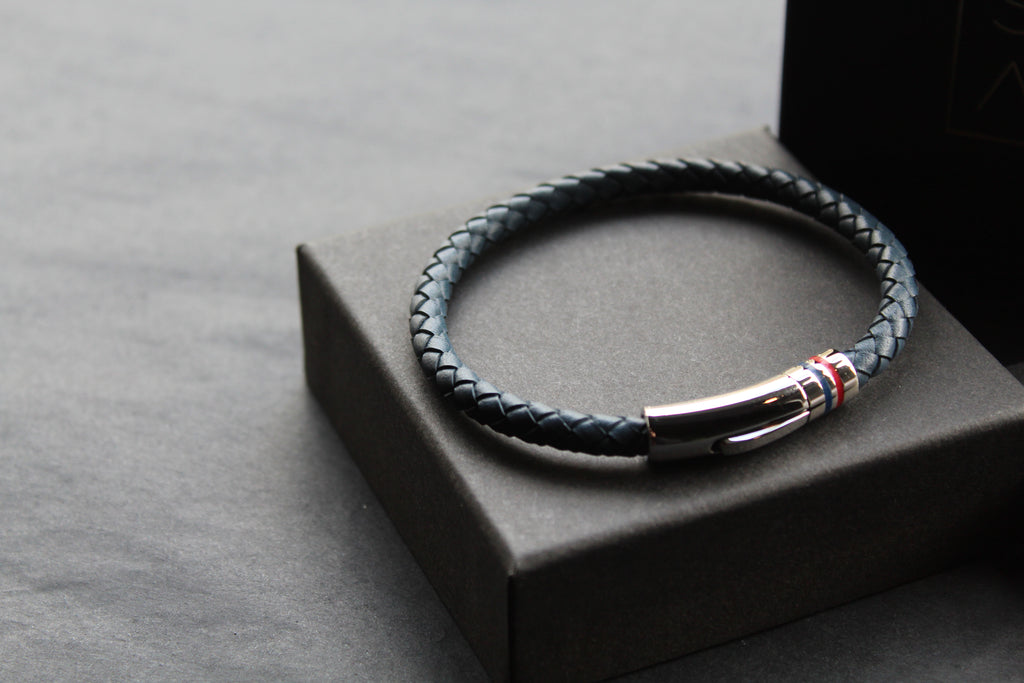 Navy Leather Bracelet Polished Steel Element with Red/Blue Detail
