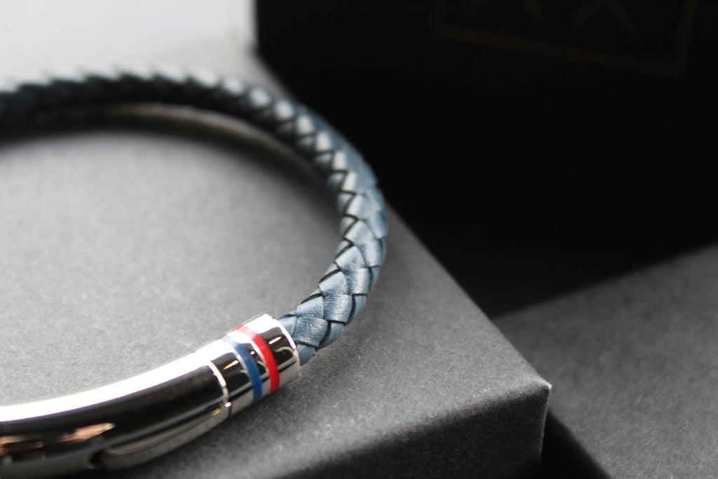 Navy Leather Bracelet Polished Steel Element with Red/Blue Detail