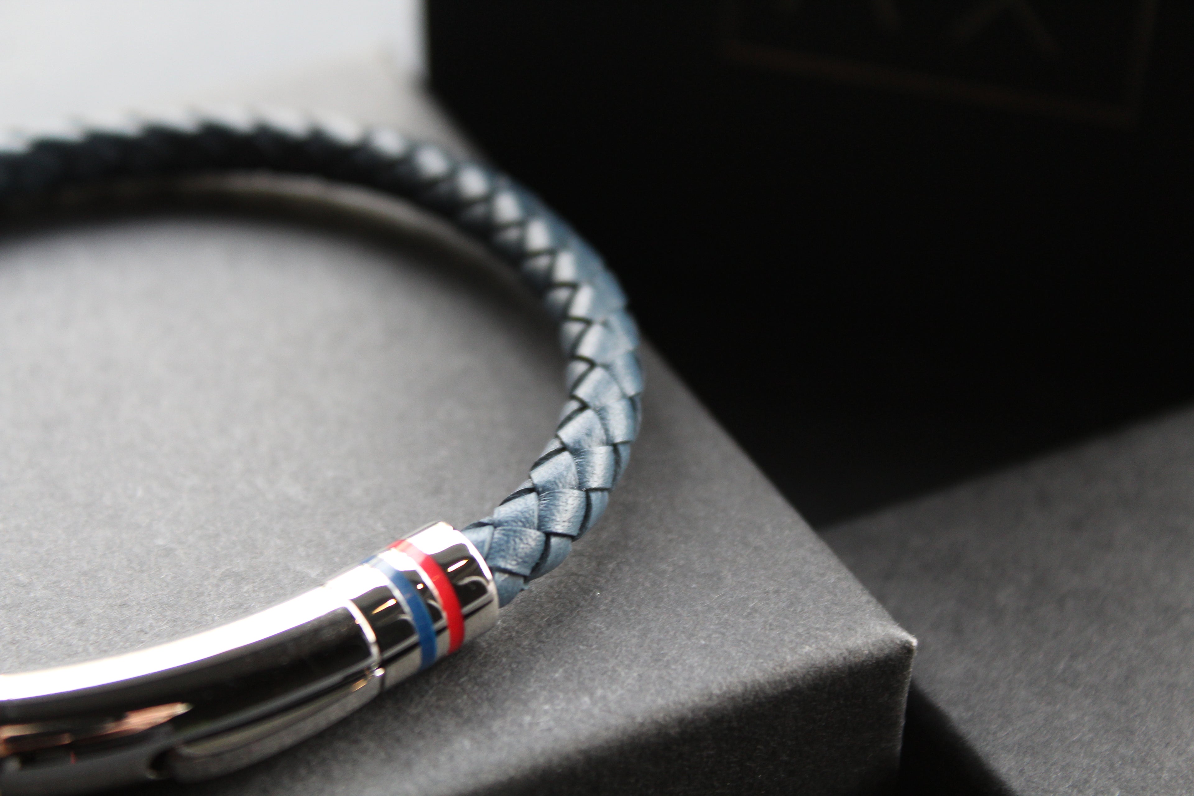Navy Leather Bracelet Polished Steel Element with Red/Blue Detail