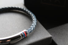 Load image into Gallery viewer, Navy Leather Bracelet Polished Steel Element with Red/Blue Detail

