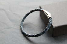 Load image into Gallery viewer, Navy Leather Bracelet Polished Steel Element with Red/Blue Detail
