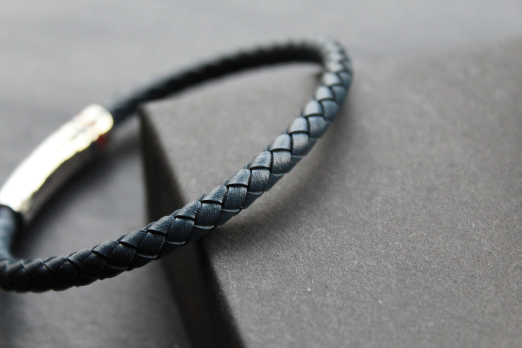 Navy Leather Bracelet Polished Steel Element with Red/Blue Detail