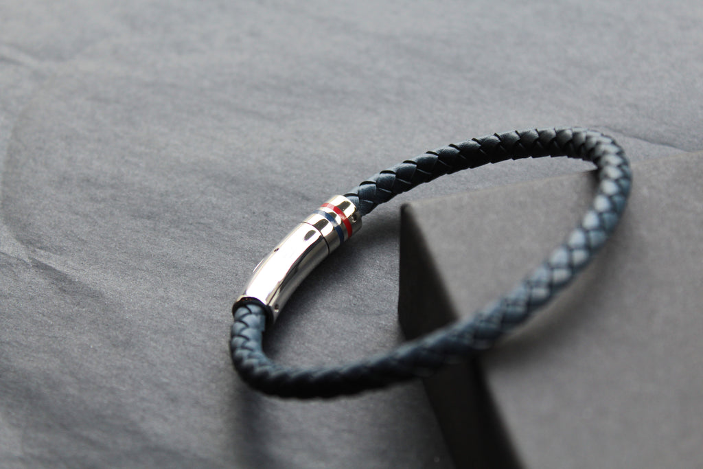 Navy Leather Bracelet Polished Steel Element with Red/Blue Detail