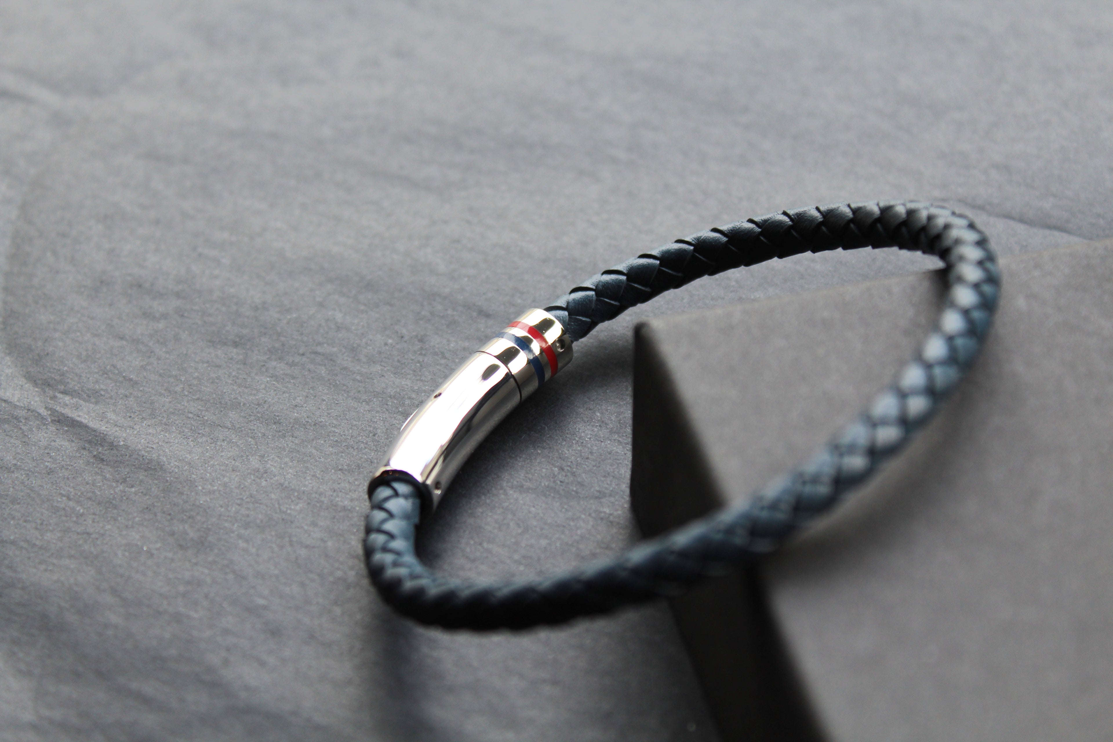 Navy Leather Bracelet Polished Steel Element with Red/Blue Detail
