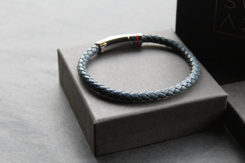 Navy Leather Bracelet Polished Steel Element with Red/Blue Detail