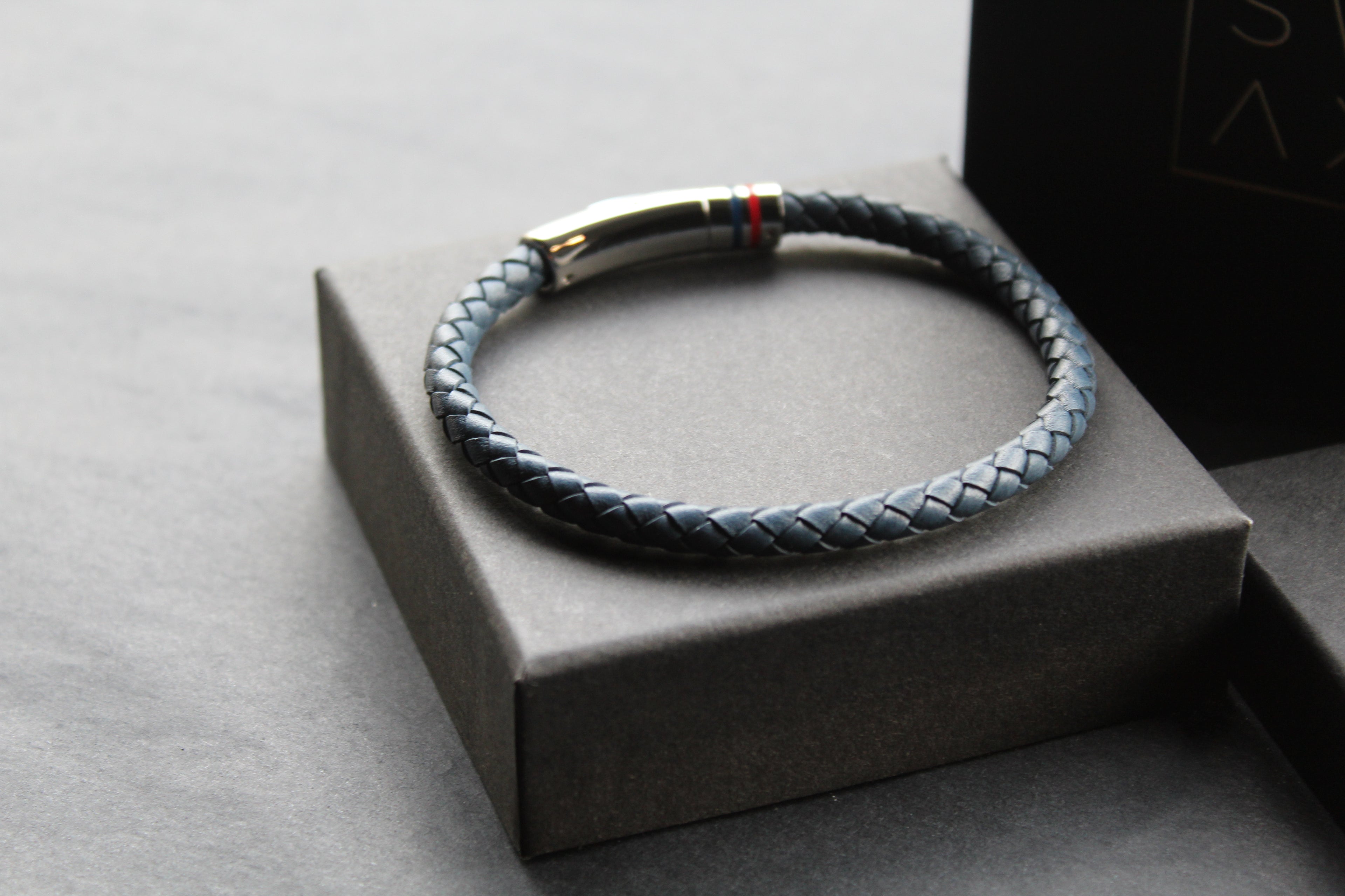Navy Leather Bracelet Polished Steel Element with Red/Blue Detail