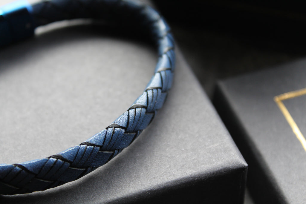 Sapphire Blue Leather Bracelet with Blue IP Plated Clasp