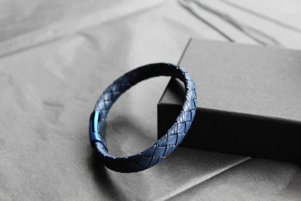 Sapphire Blue Leather Bracelet with Blue IP Plated Clasp