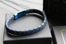 Load image into Gallery viewer, Sapphire Blue Leather Bracelet with Blue IP Plated Clasp
