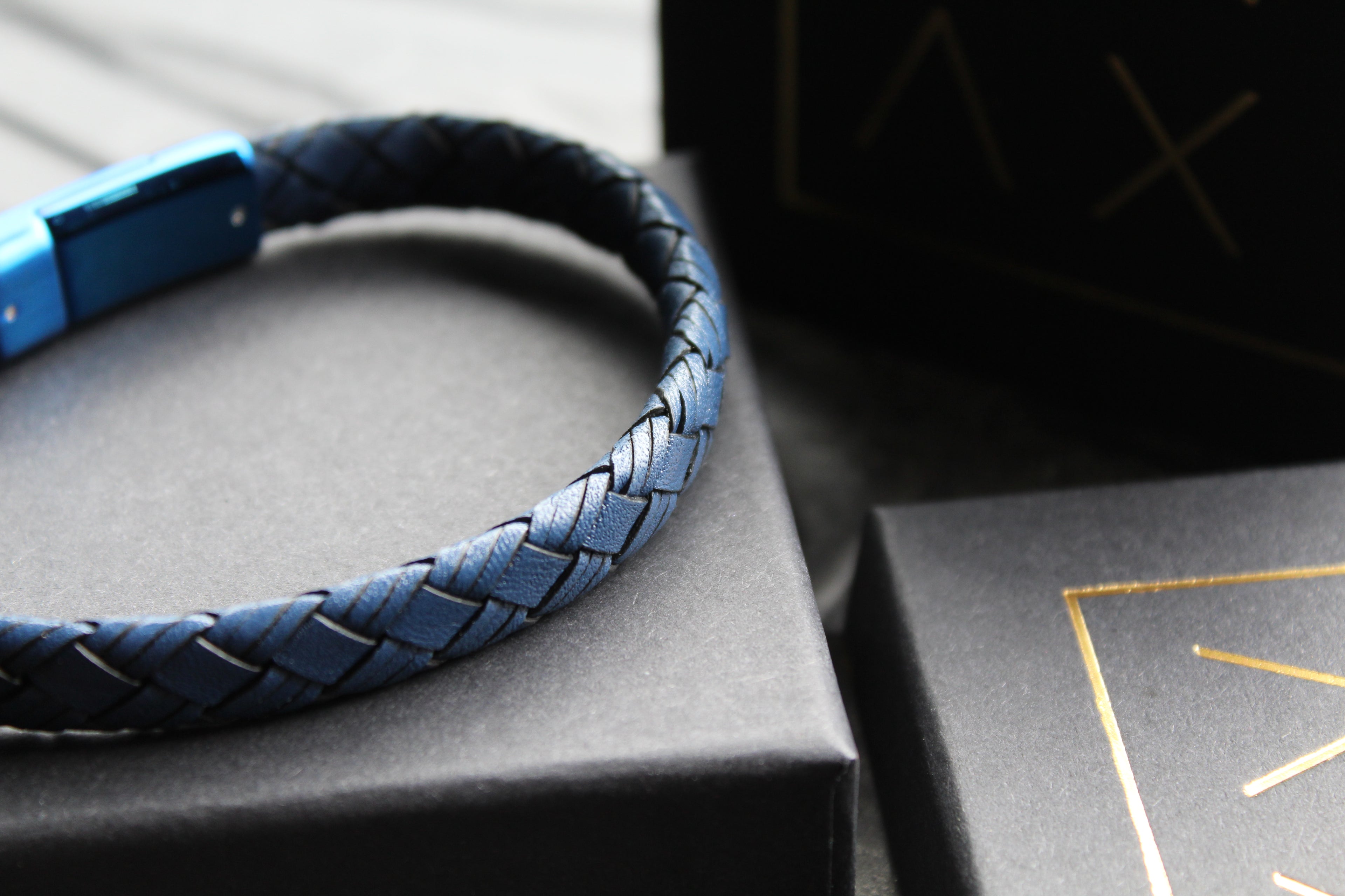 Sapphire Blue Leather Bracelet with Blue IP Plated Clasp