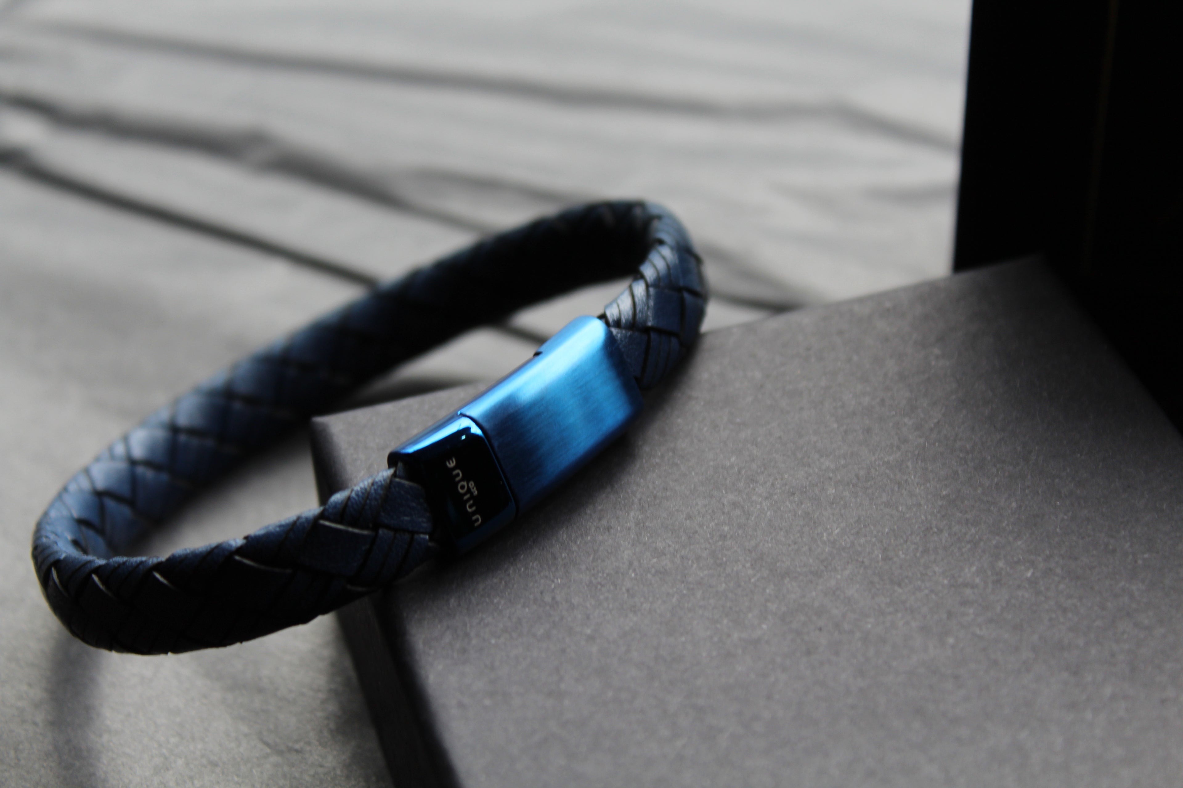 Sapphire Blue Leather Bracelet with Blue IP Plated Clasp
