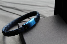 Load image into Gallery viewer, Sapphire Blue Leather Bracelet with Blue IP Plated Clasp
