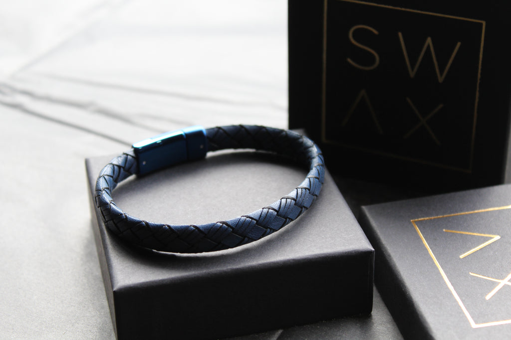 Sapphire Blue Leather Bracelet with Blue IP Plated Clasp