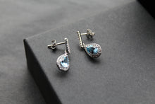 Load image into Gallery viewer, Ornate Silver &amp; Aqua CZ Teardrop Earrings
