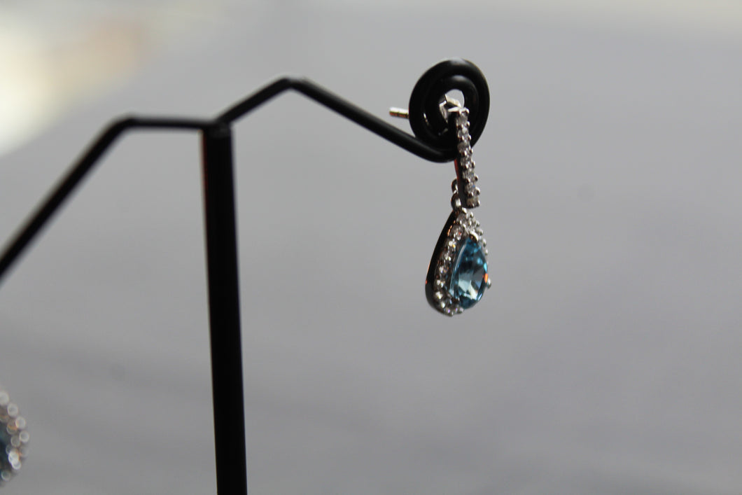 Ornate Silver & Aqua CZ Teardrop Earrings