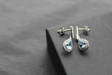 Load image into Gallery viewer, Ornate Silver &amp; Aqua CZ Teardrop Earrings
