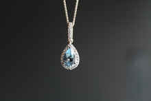 Load image into Gallery viewer, Ornate Silver &amp; Aqua CZ Teardrop Pendant with 16-18&quot; Chain
