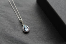Load image into Gallery viewer, Ornate Silver &amp; Aqua CZ Teardrop Pendant with 16-18&quot; Chain
