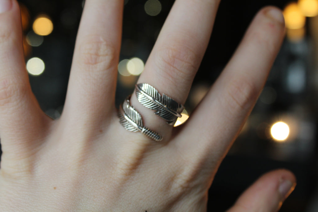 Oxidised Feather 8mm Band Ring