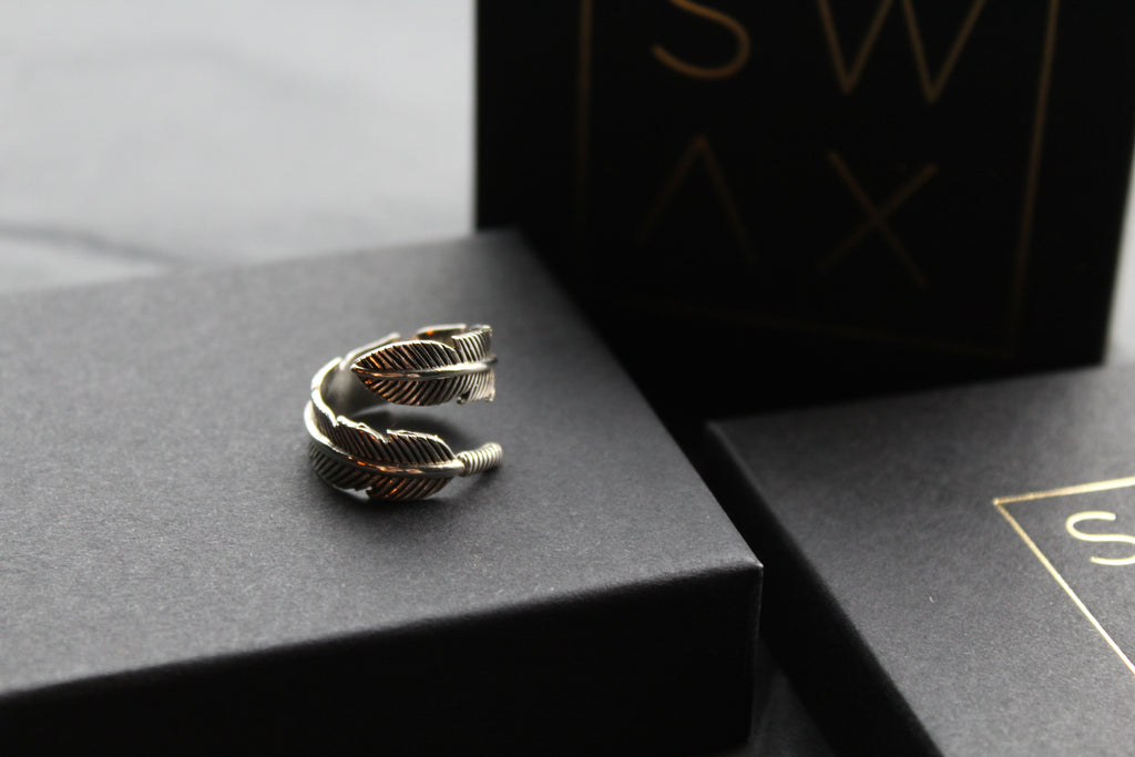 Oxidised Feather 8mm Band Ring