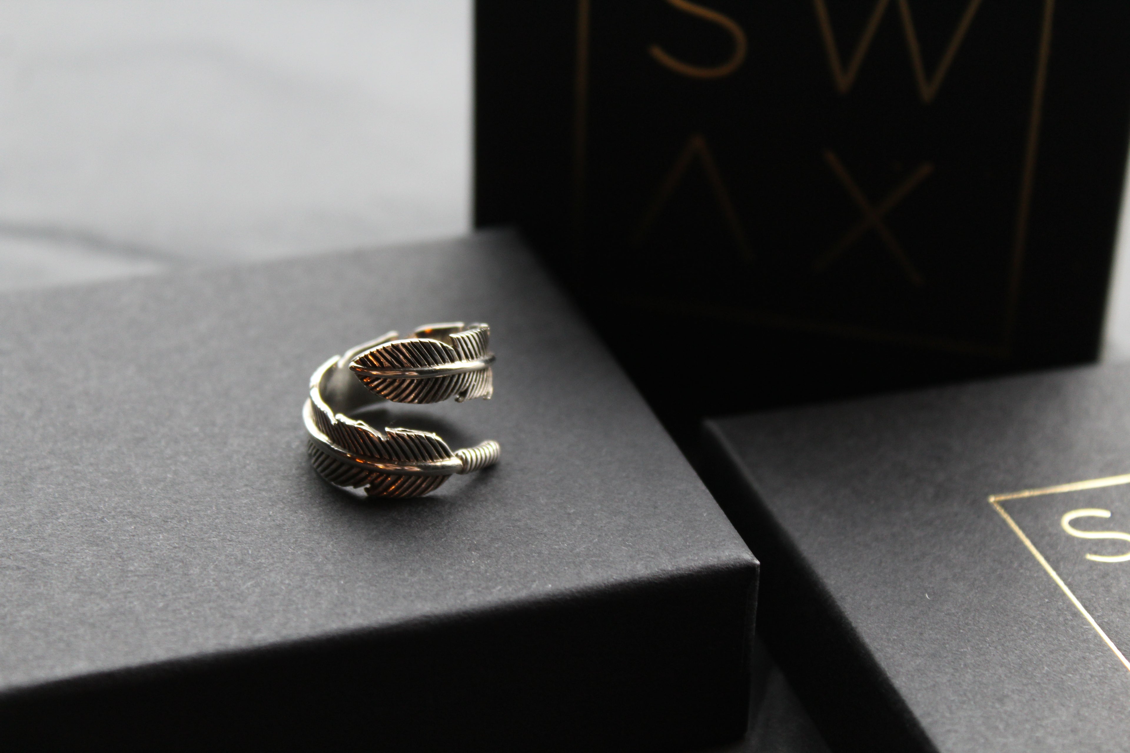Oxidised Feather 8mm Band Ring