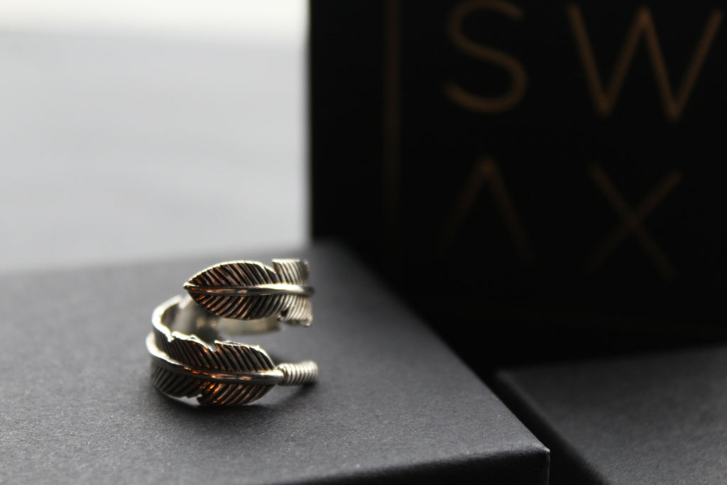 Oxidised Feather 8mm Band Ring