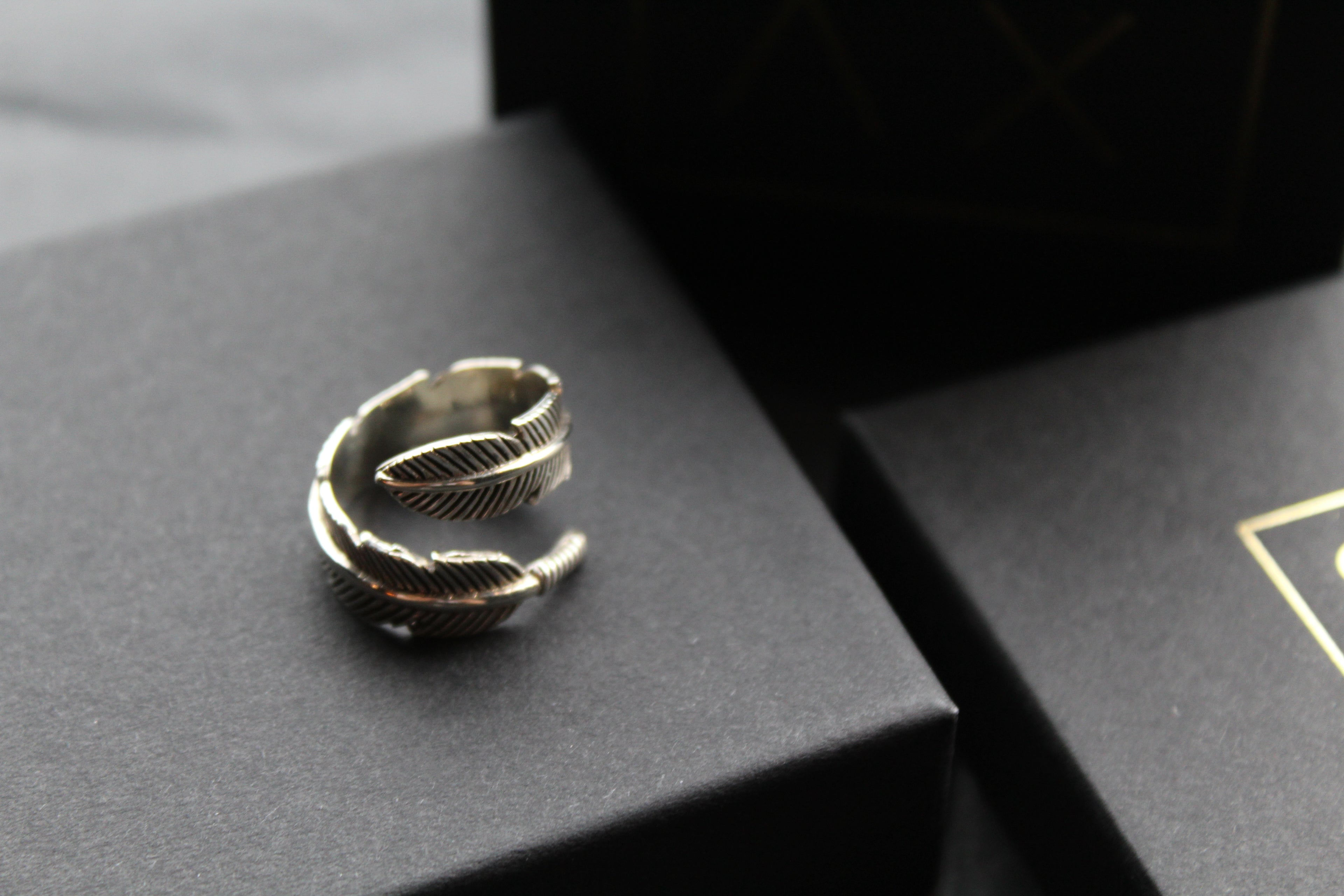 Oxidised Feather 8mm Band Ring