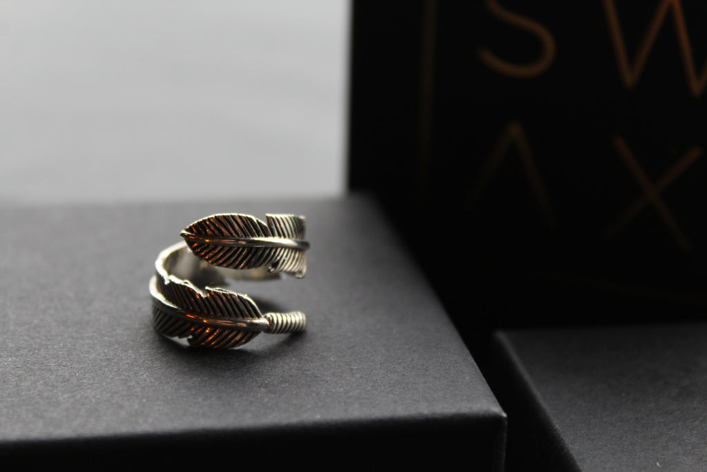 Oxidised Feather 8mm Band Ring