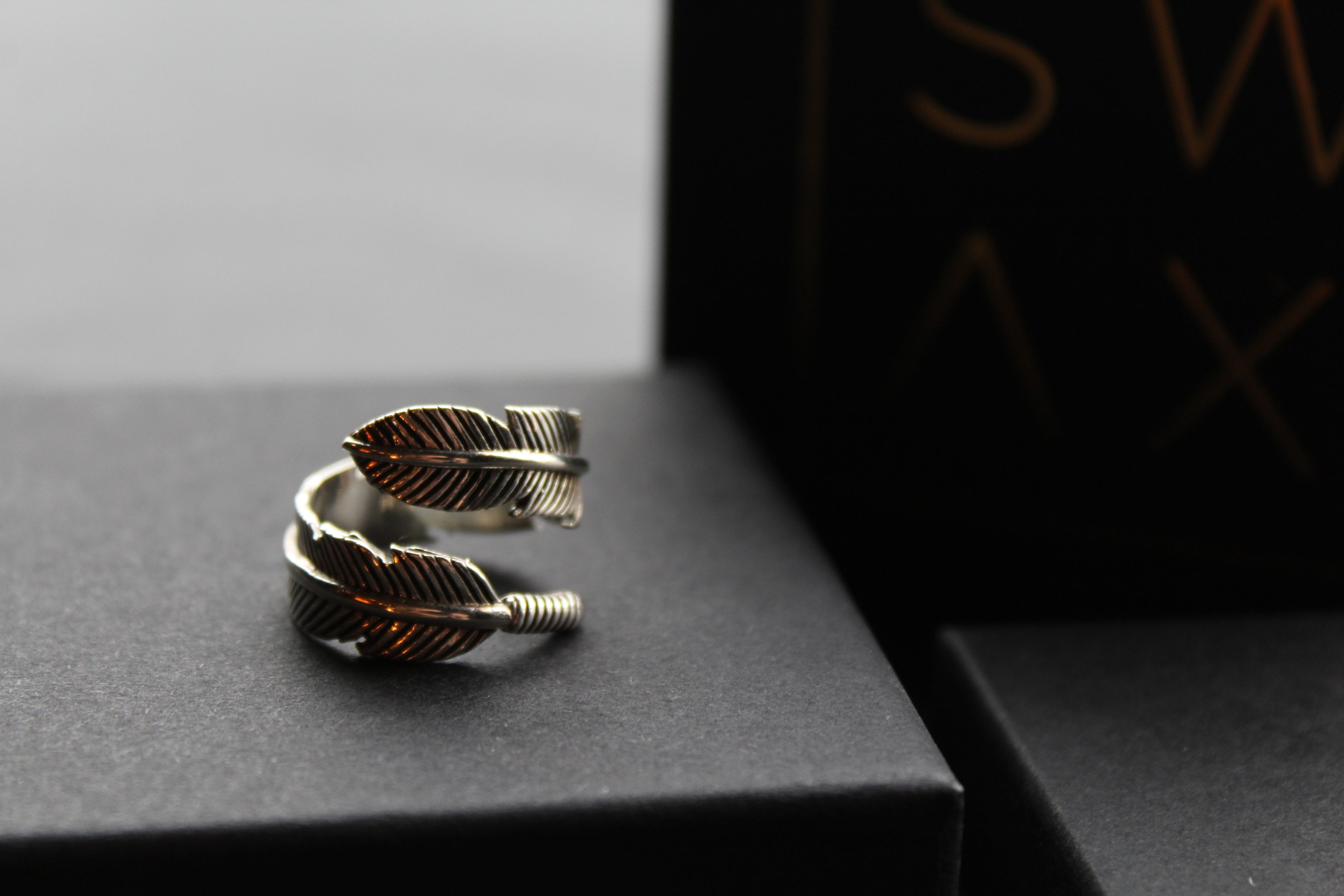 Oxidised Feather 8mm Band Ring
