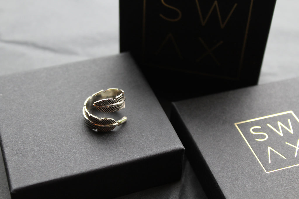 Oxidised Feather 8mm Band Ring