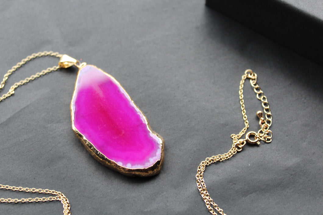Pink Agate Crystal Long Length Gold Tone Necklace