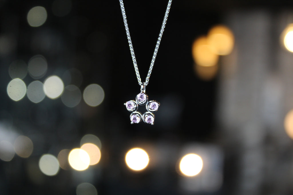 Pink Diamond Cubic Zirconia Flower Pendant with a 16-18" Silver Chain