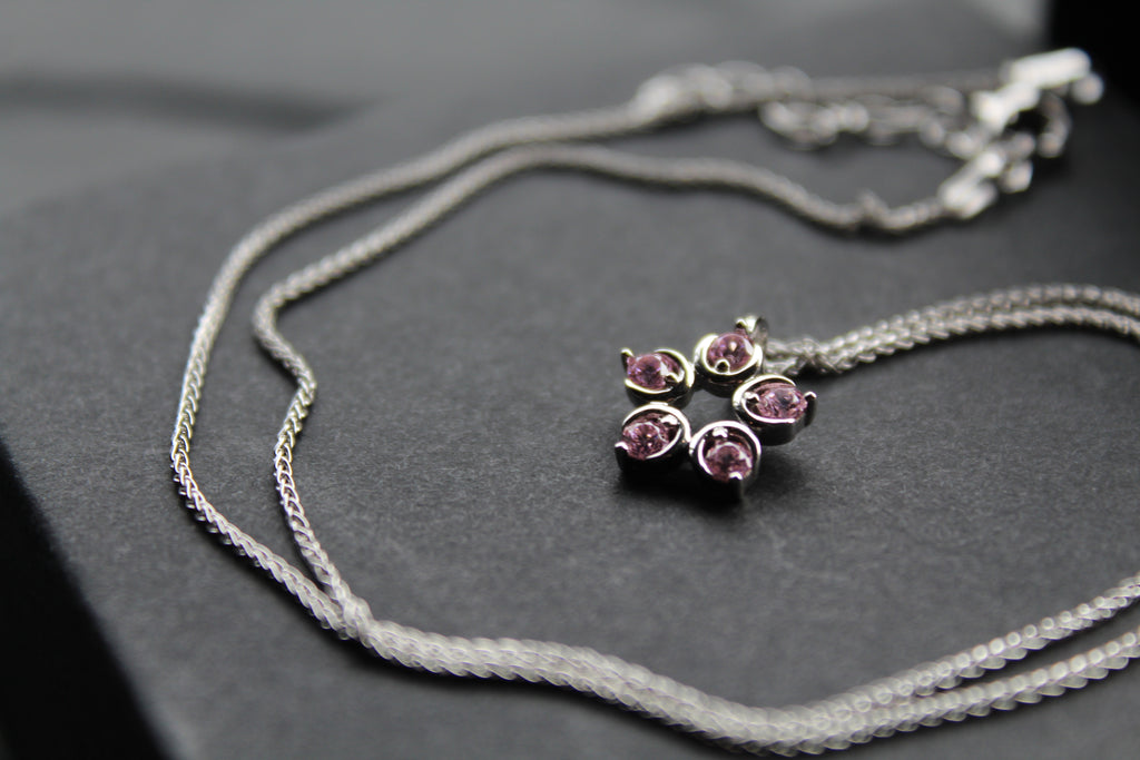 Pink Diamond Cubic Zirconia Flower Pendant with a 16-18" Silver Chain