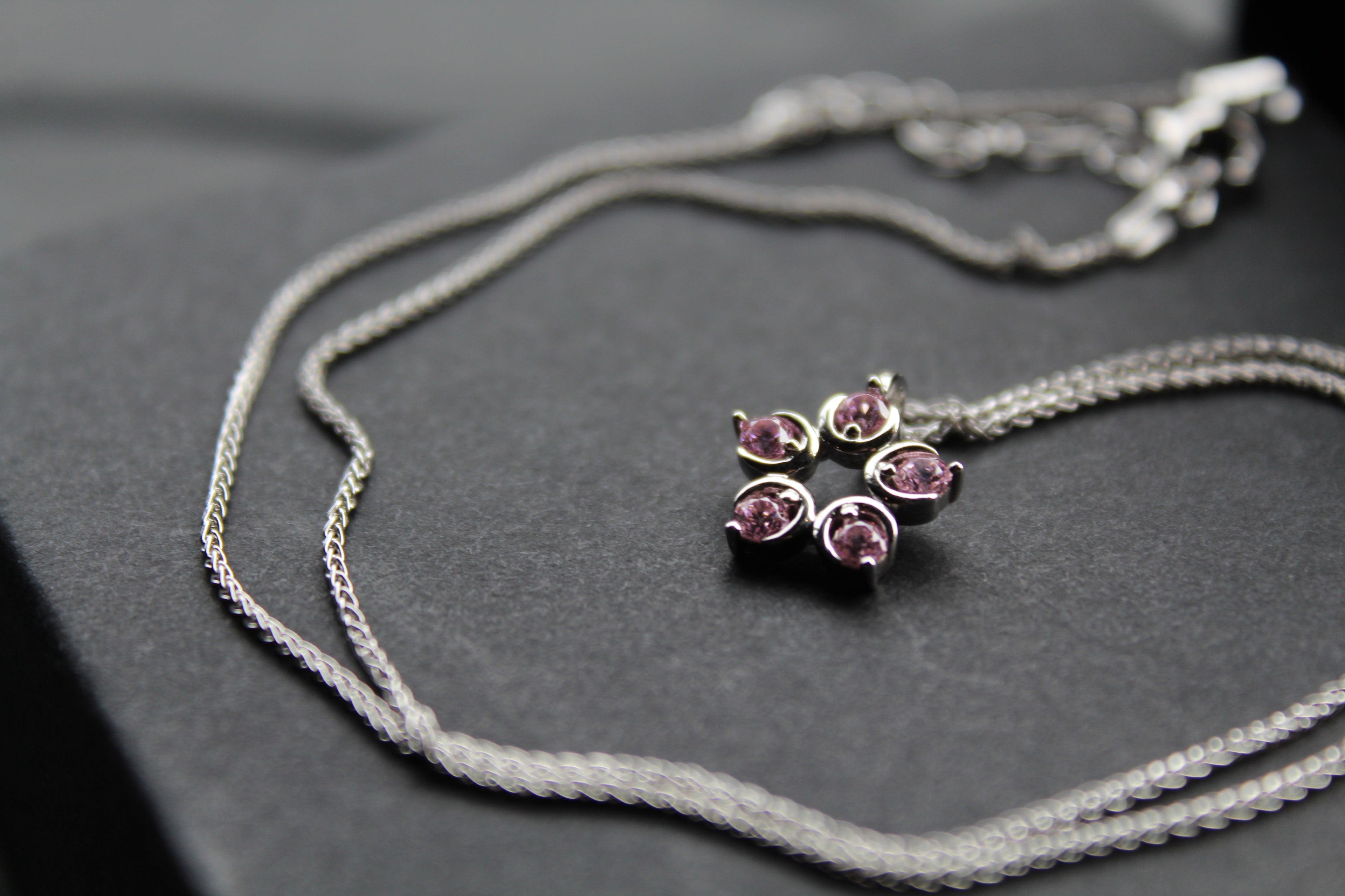 Pink Diamond Cubic Zirconia Flower Pendant with a 16-18" Silver Chain