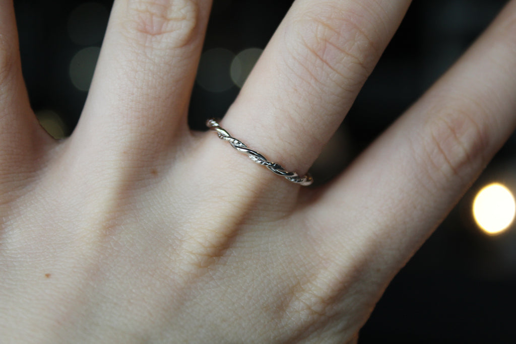 Plain & Twisted Thin Silver Band Ring