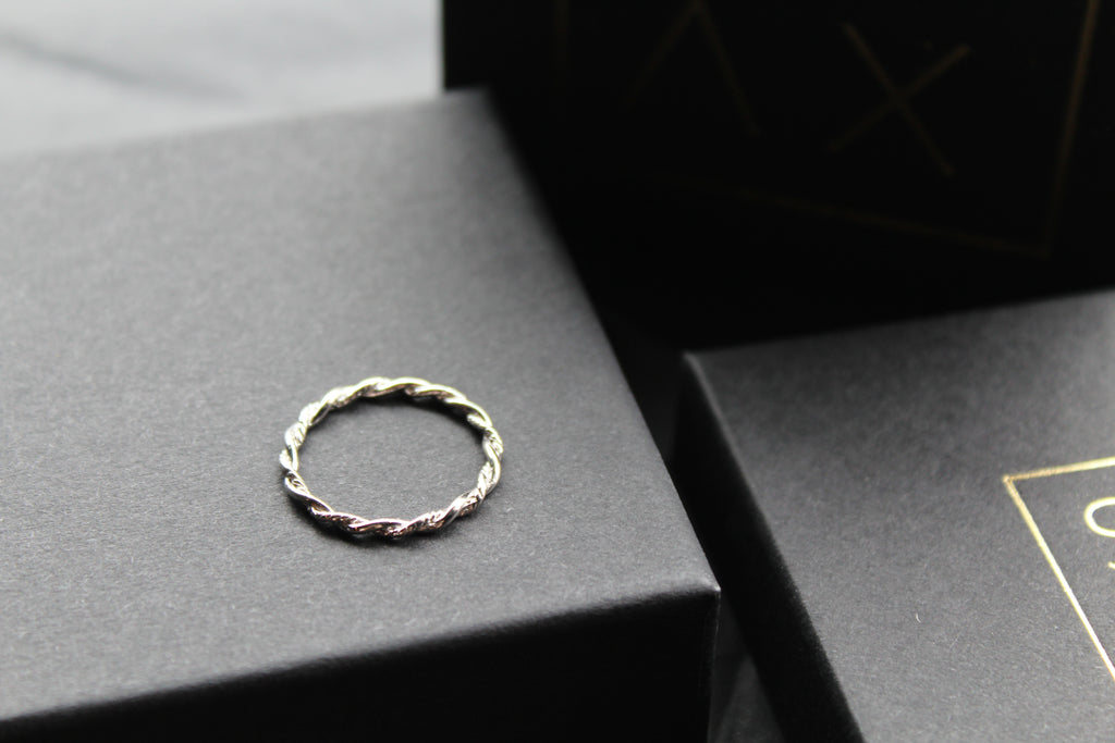 Plain & Twisted Thin Silver Band Ring