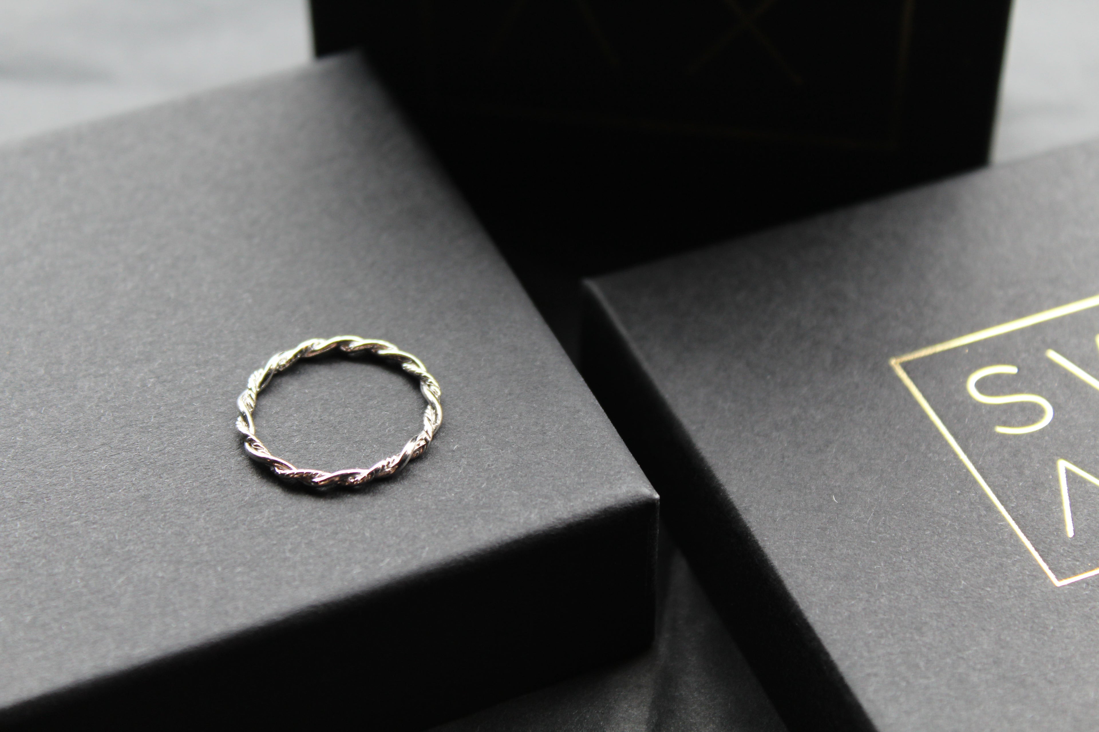 Plain & Twisted Thin Silver Band Ring