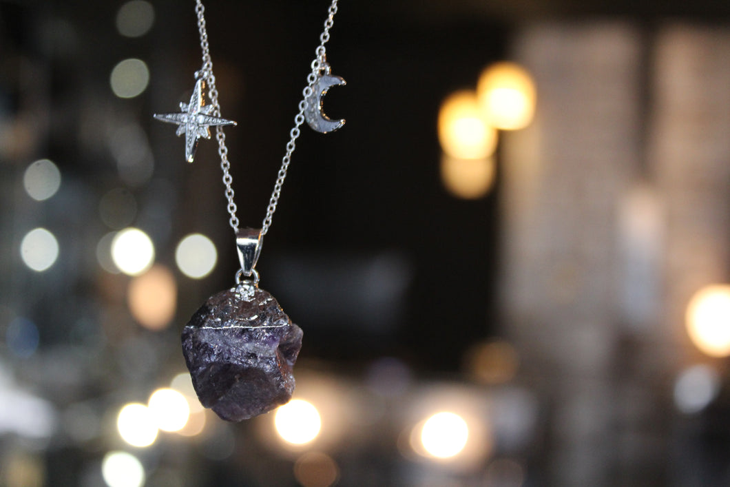Raw Cut Amethyst Moon & Star Necklace